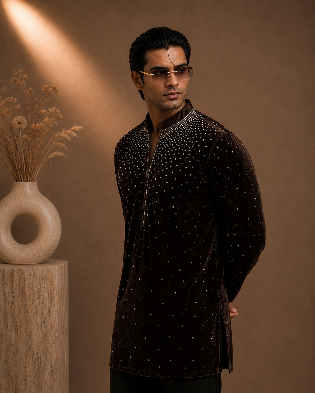 Chocolate Brown Embellished Velvet Kurta for Men | Festive & Wedding Party Wear