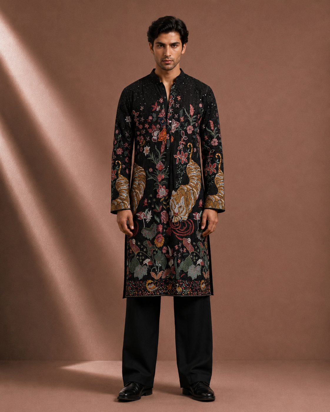 Men's Black Tiger Print Kurta | Premium Designer Ethnic Kurta for Wedding & Festive Wear