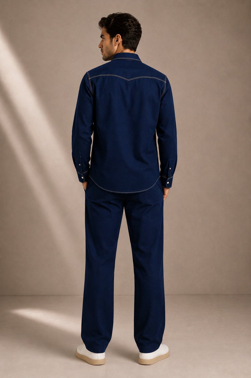Men's Premium Navy Blue Contrast Stitch Casual Shirt | Regular Fit Full Sleeve Shirt