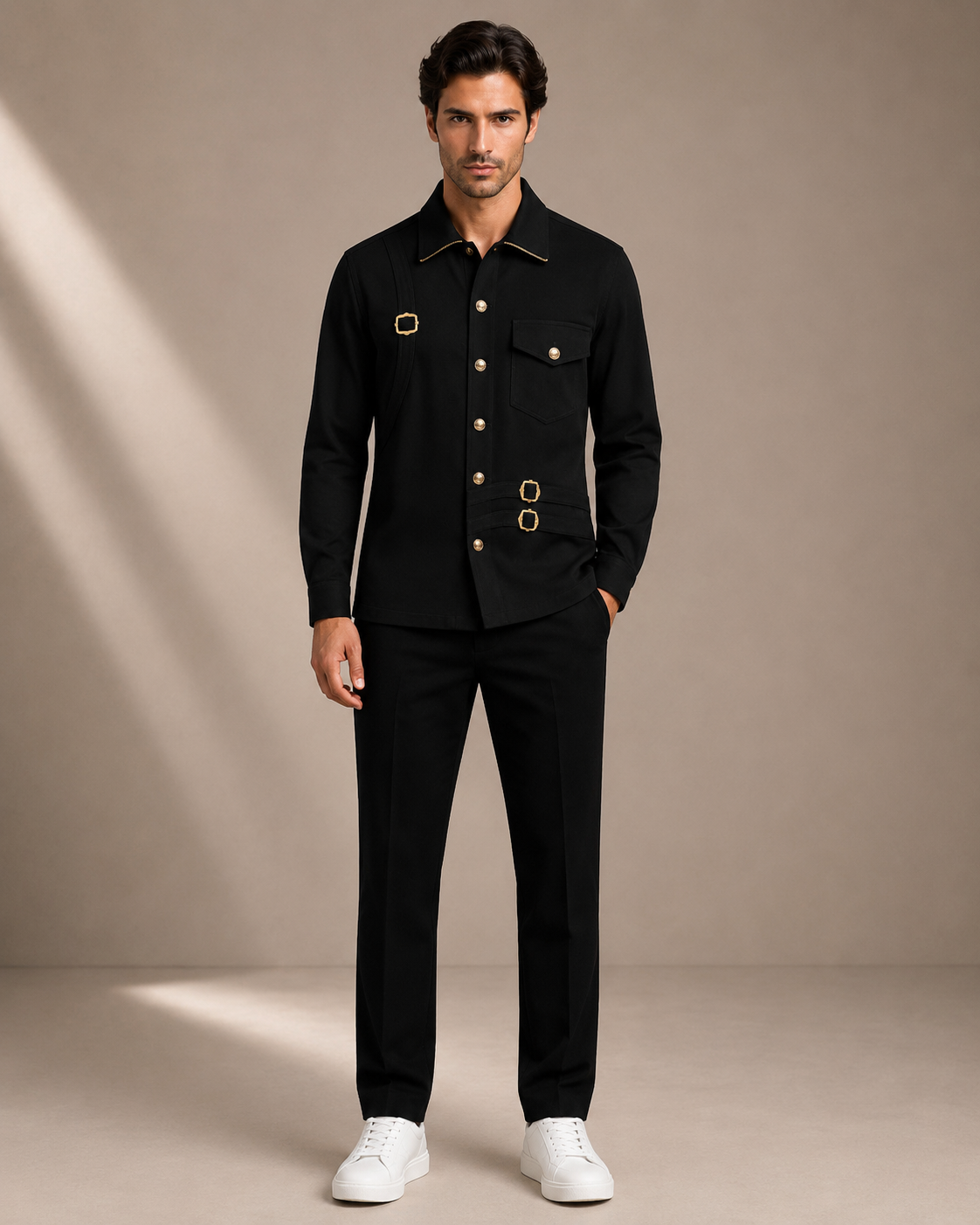 Men's Black Designer Utility Shirt | Premium Full Sleeve Smart Casual Button-Down Shirt with Gold Hardware