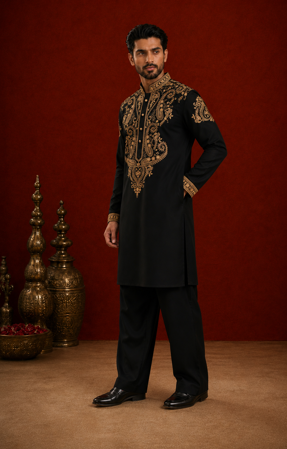 Black Gold Paisley Embroidered Buttoned Kurta for Men | Festive & Wedding Wear