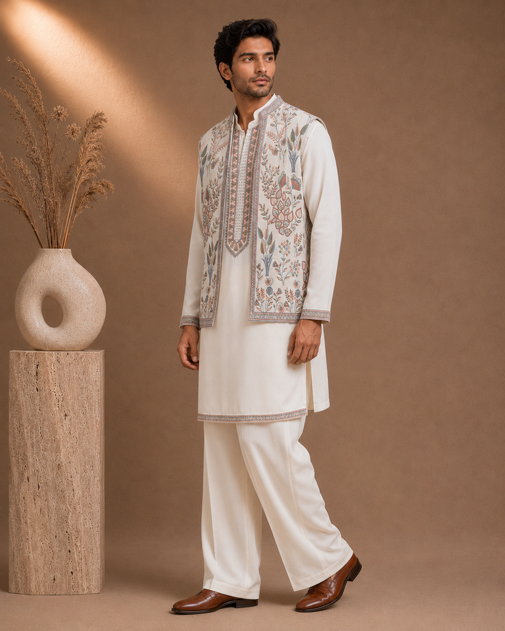 Off-White Embroidered Kurta with Nehru Jacket Set for Men | Groom & Festive Wedding Wear