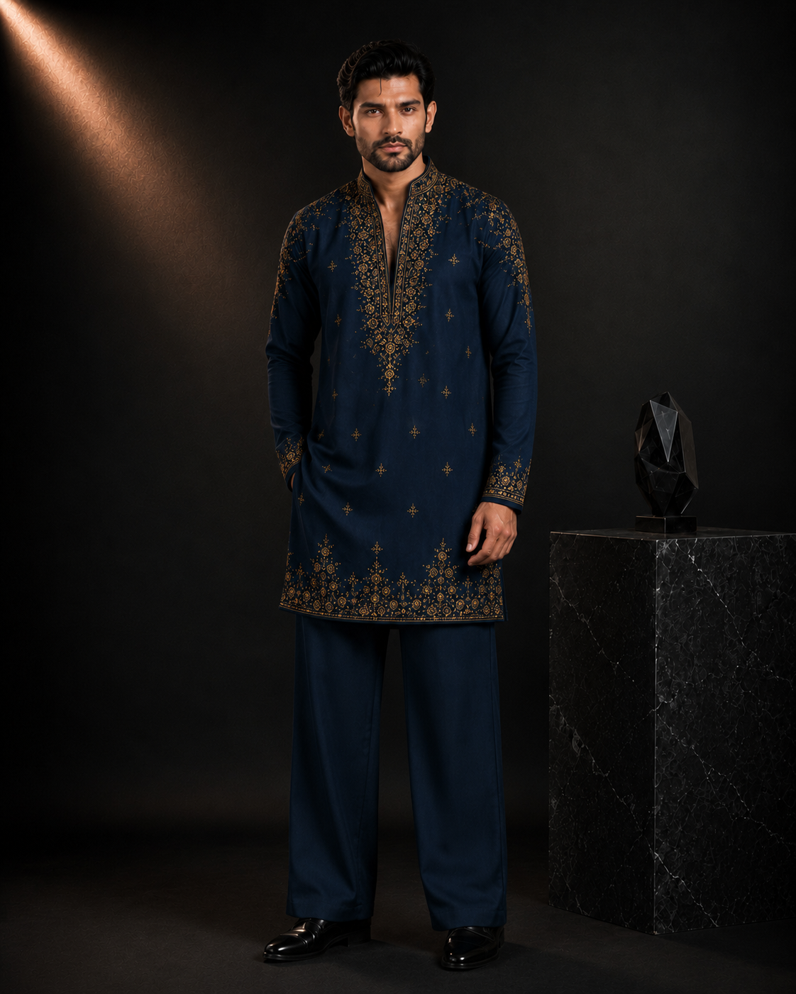 Midnight Navy Blue Gold Embroidered Kurta for Men | Festive & Wedding Party Wear