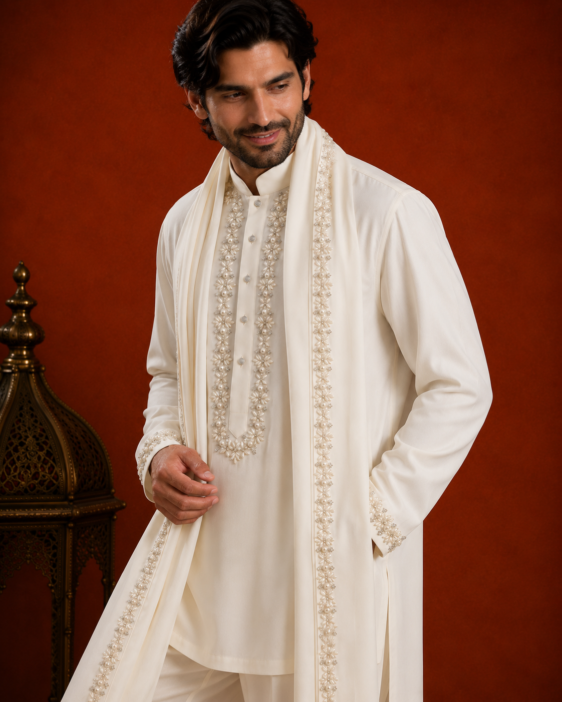 Men’s Ivory Embroidered Kurta with Dupatta | Premium Wedding & Festive Ethnic Wear