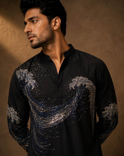 Black Oceanic Wave Hand-Embroidered Kurta for Men | Designer Festive & Party Wear