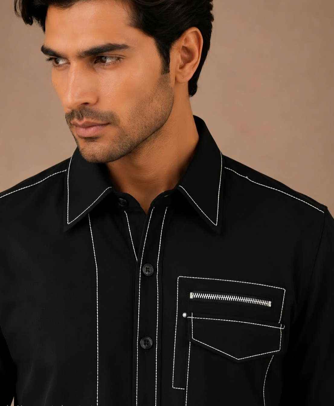 Men's Black Contrast Stitch Utility Shirt | Premium Full Sleeve Designer Smart Casual Shirt