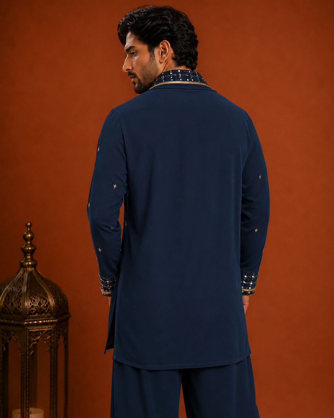 Men’s Navy Blue Embroidered Kurta with Dupatta | Premium Wedding & Festive Wear