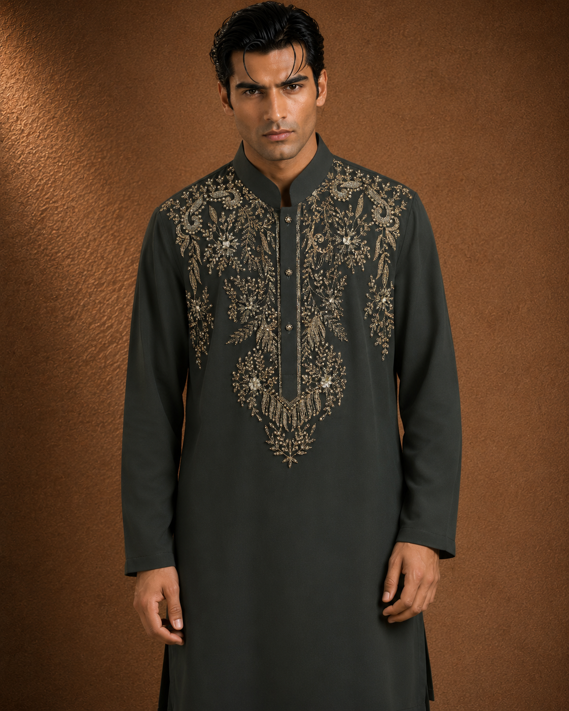 Men's Olive Green Embroidered Kurta | Premium Festive Ethnic Wear