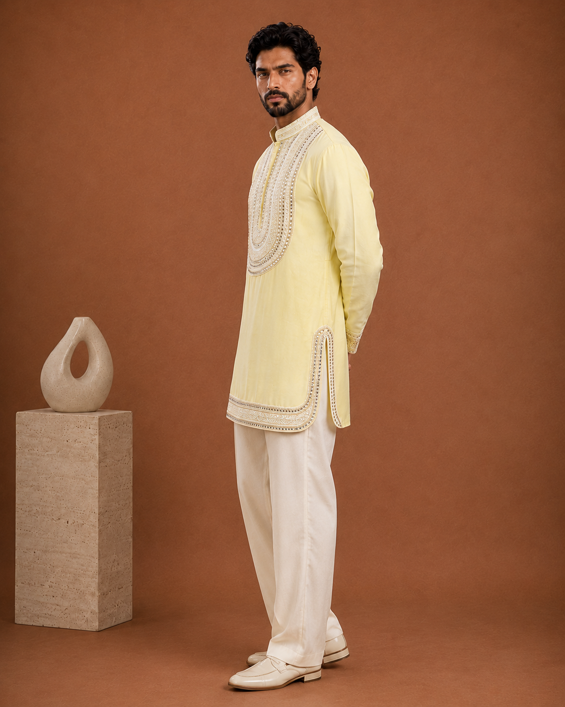 Lemon Yellow Embroidered Short Kurta for Men | Haldi & Festive Wedding Wear