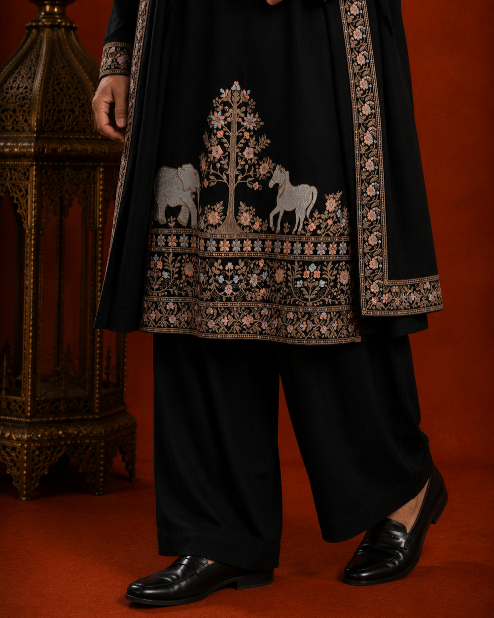 Men’s Black Embroidered Kurta with Printed Jacket & Dupatta | Premium Ethnic Wedding Wear