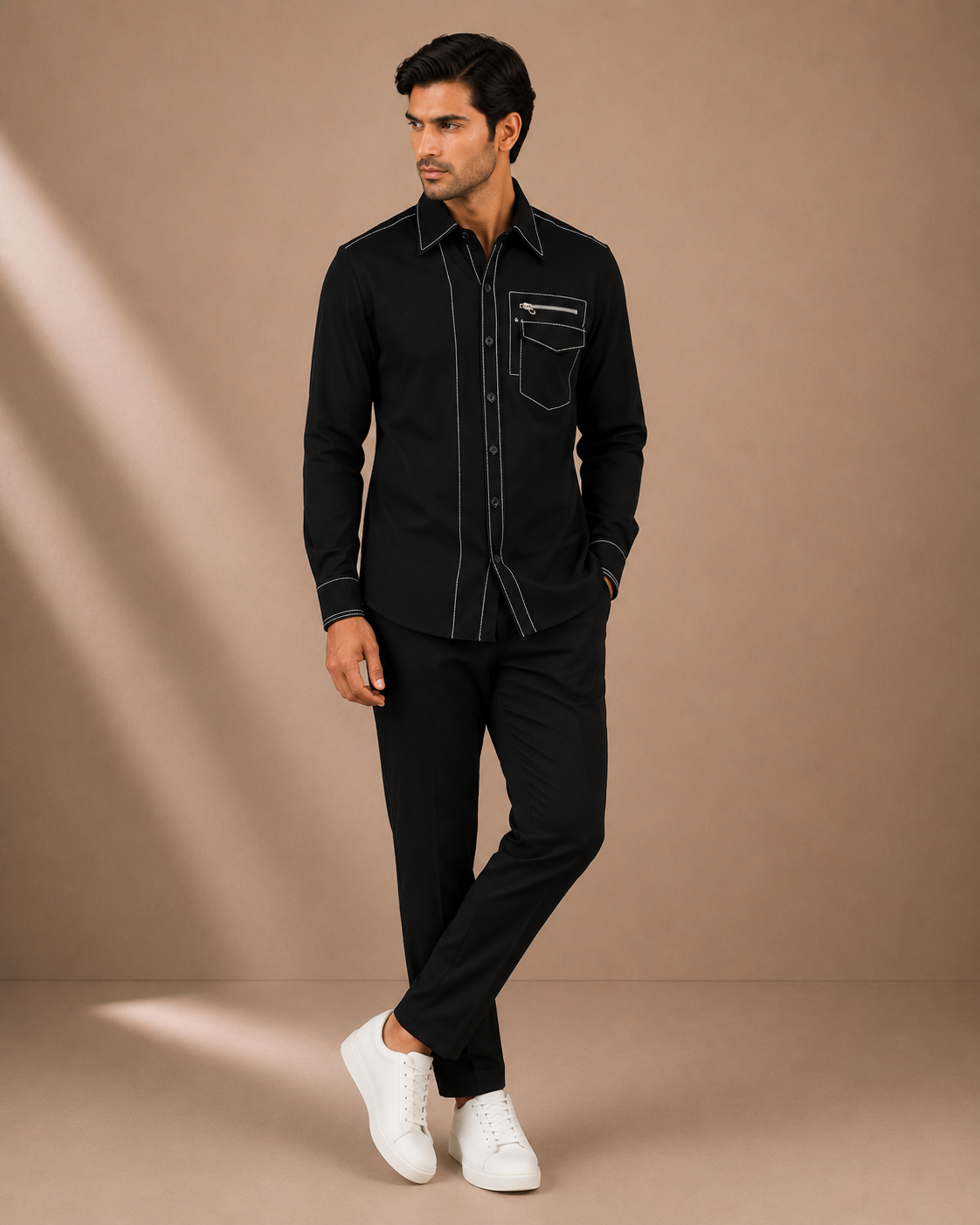 Men's Black Contrast Stitch Utility Shirt | Premium Full Sleeve Designer Smart Casual Shirt