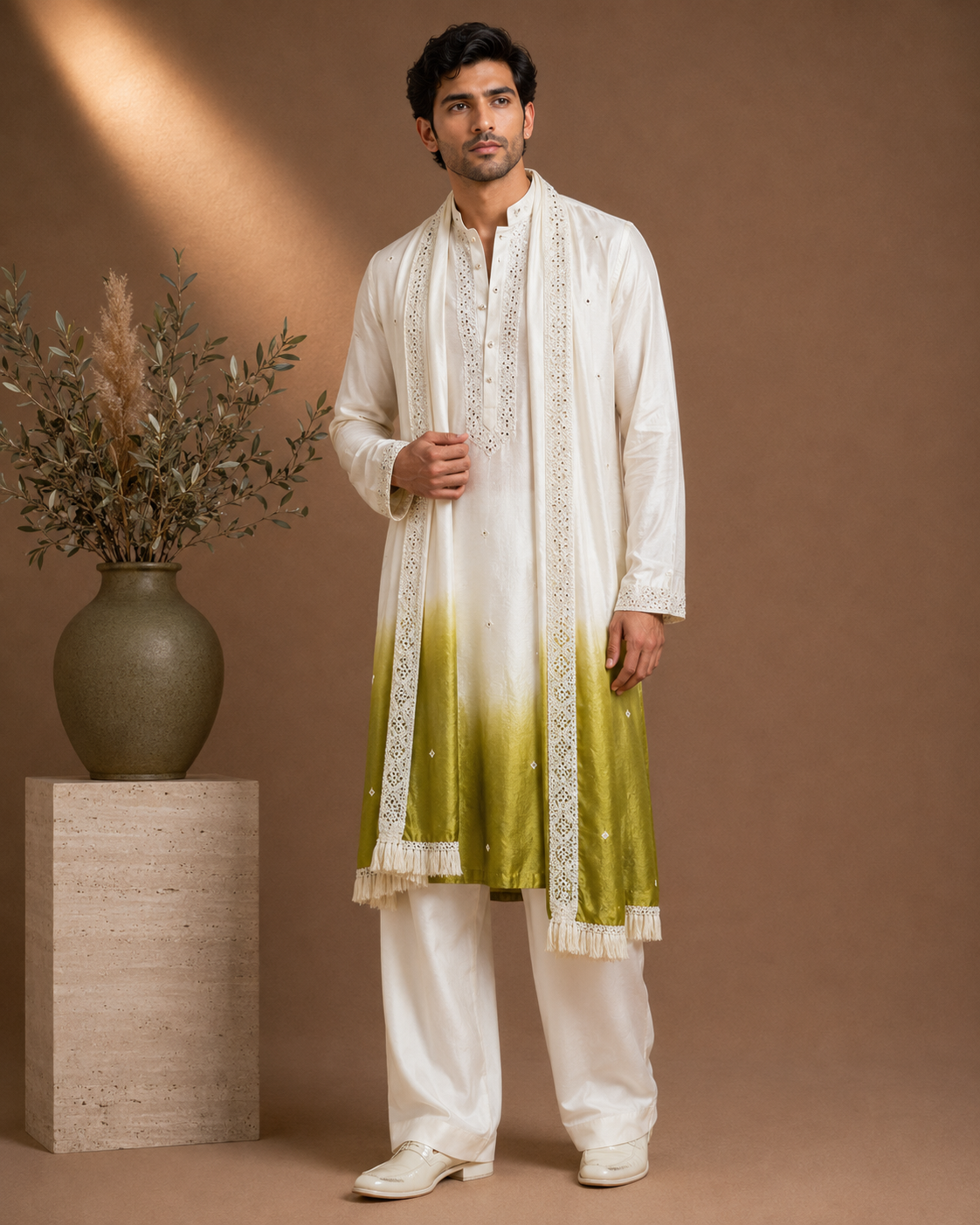 Ivory to Olive Green Ombre Silk Embroidered Kurta with Stole Set for Men | Mehendi & Wedding Festive Wear