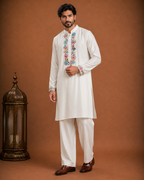 Men's White Embroidered Designer Kurta | Premium Ethnic Kurta for Weddings, Eid & Festive Wear