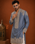 Slate Blue Embroidered Kurta for Men | Festive & Wedding Wear