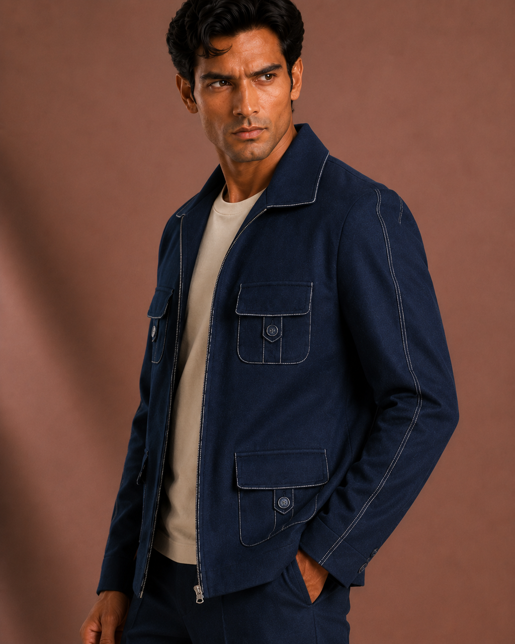 Men's Premium Navy Blue Utility Bomber Jacket | Regular Fit Zip-Up Casual Jacket
