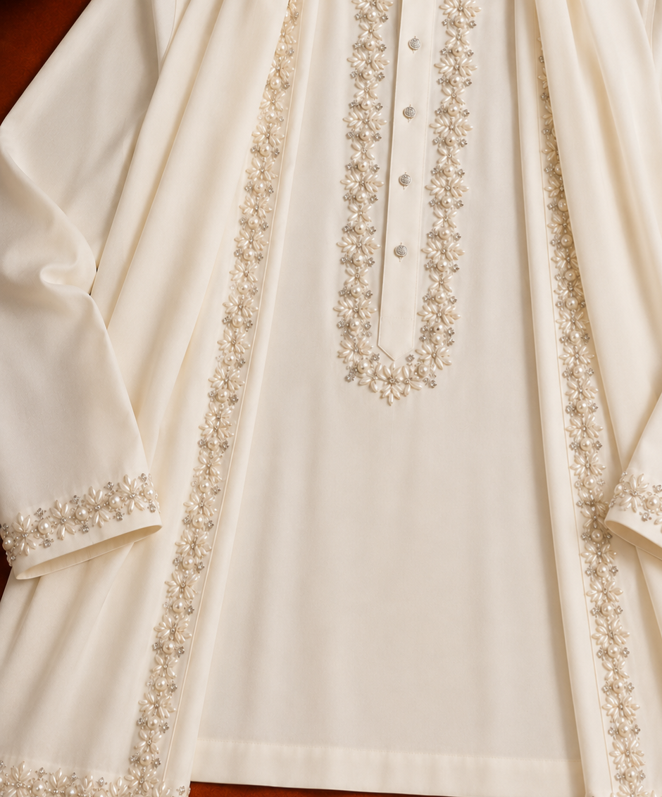 Men’s Ivory Embroidered Kurta with Dupatta | Premium Wedding & Festive Ethnic Wear