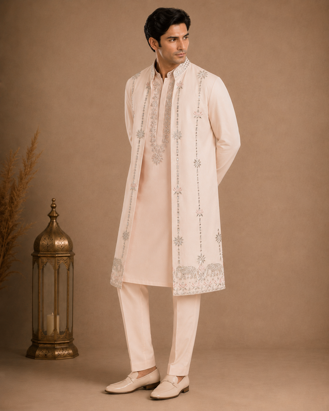 Men's Cream Embroidered Kurta with Designer Jacket | Premium Festive Ethnic Wear for Weddings