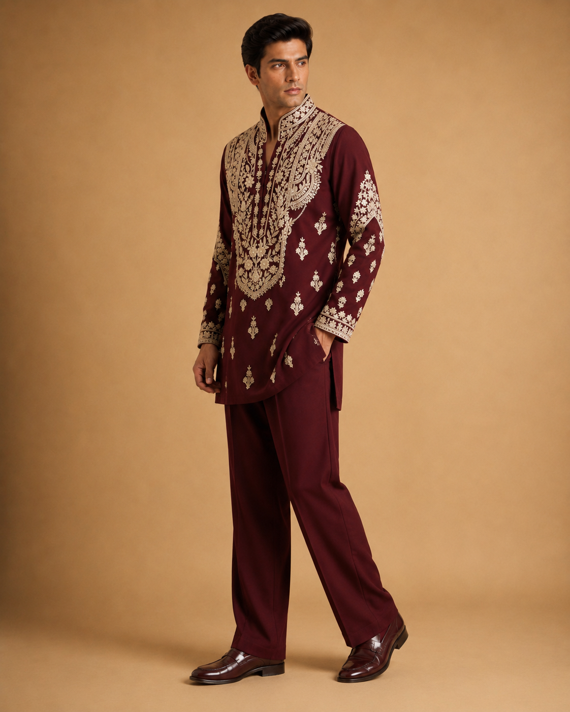 Men's Maroon Heavy Embroidered Festive Kurta for Wedding & Traditional Wear