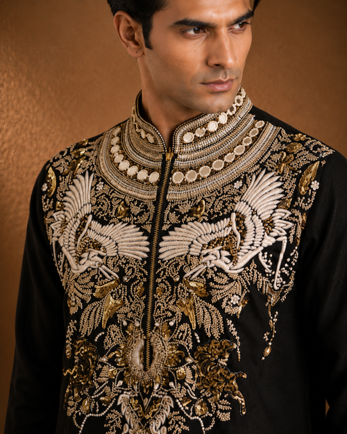 Black Heavy Embroidered Men's Wedding Kurta | Premium Ethnic Kurta for Groom  & Festive Wear