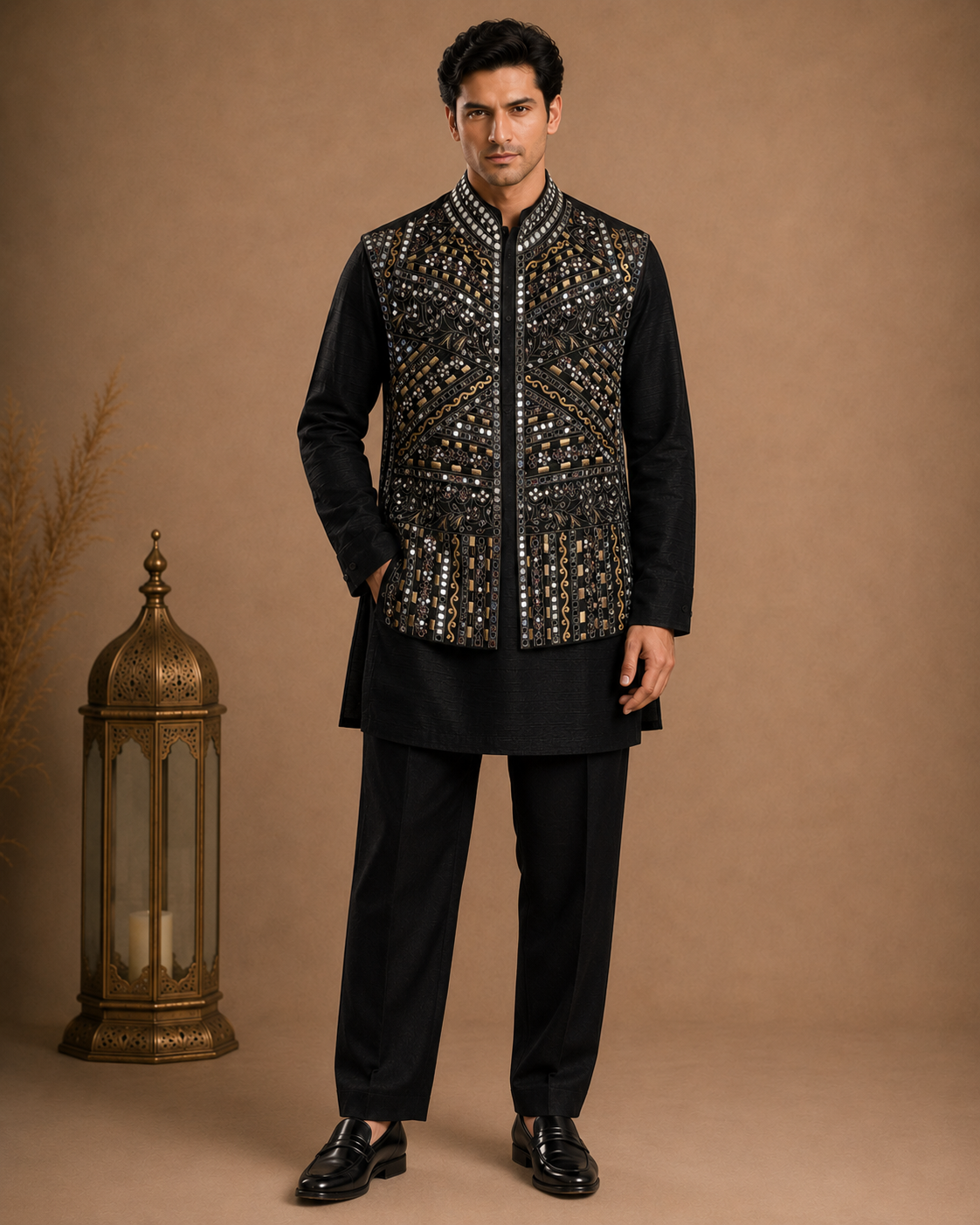 Men's Black Embroidered Kurta with Designer Ethnic Jacket | Festive Wedding Kurta for Men