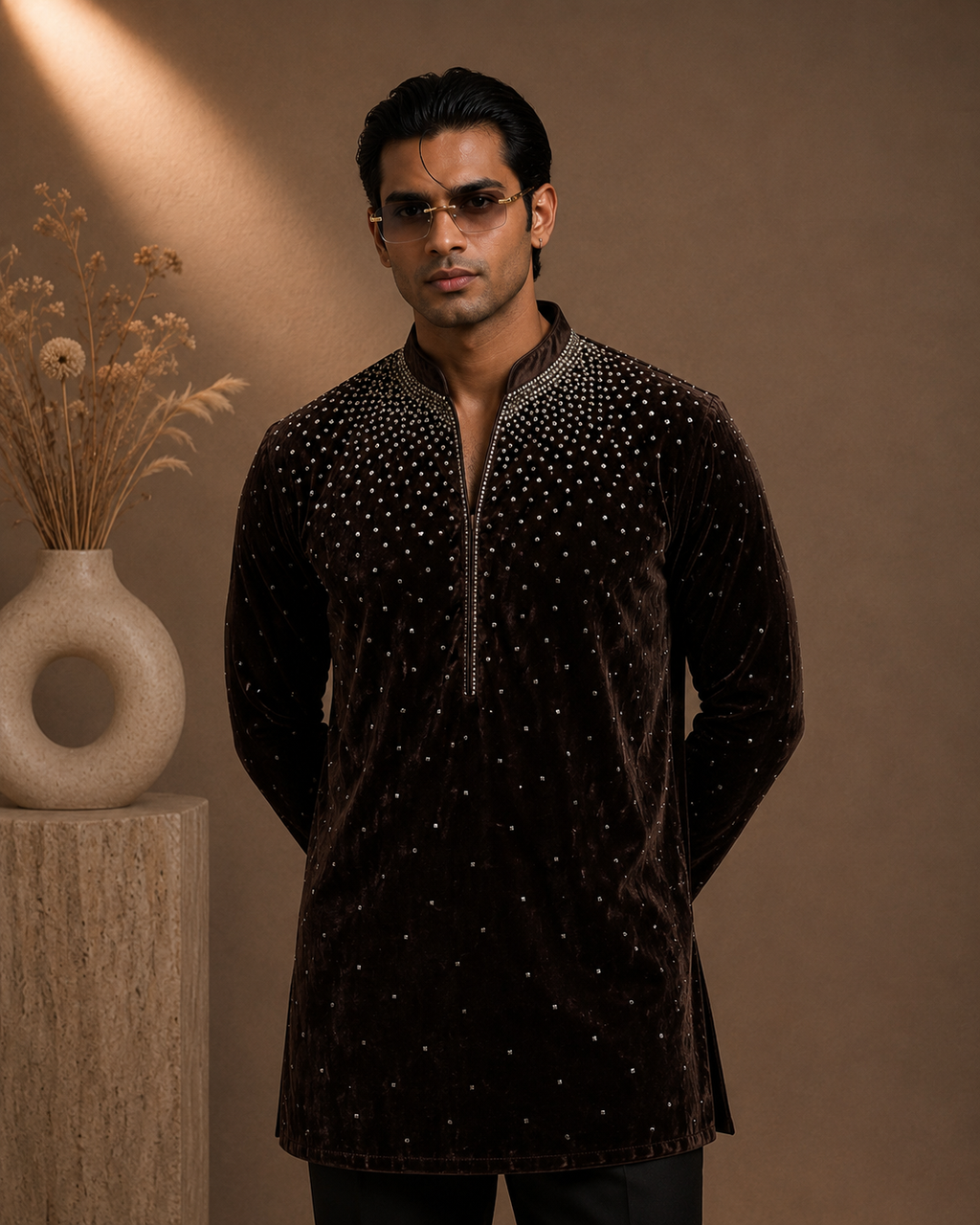 Chocolate Brown Embellished Velvet Kurta for Men | Festive & Wedding Party Wear