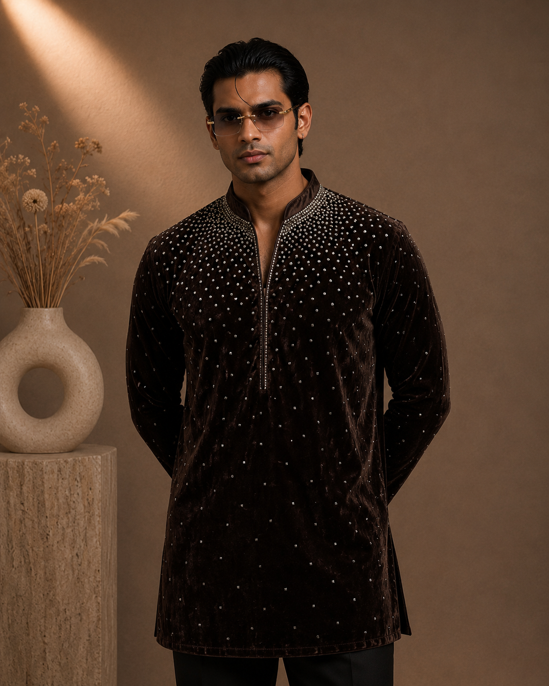 Chocolate Brown Embellished Velvet Kurta for Men | Festive & Wedding Party Wear
