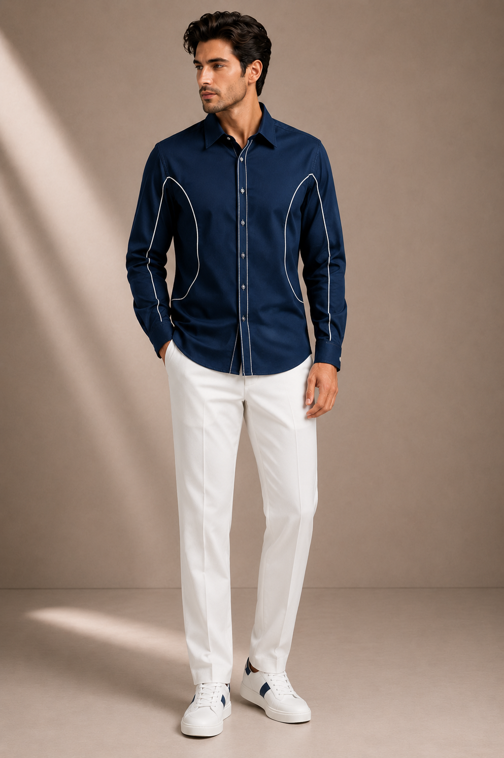 Men's Premium Navy Blue Contrast Piping Casual Shirt | Regular Fit Full Sleeve Shirt