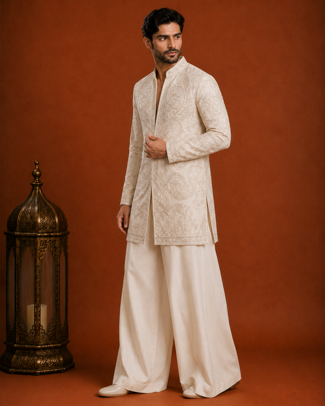 Men’s Ivory Embroidered Sherwani | Premium Wedding & Festive Ethnic Wear