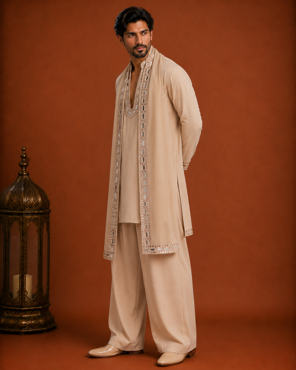 Men’s Beige Embroidered Kurta with Long Jacket | Premium Ethnic Wedding Wear