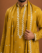 Men's Mustard Embroidered Designer Kurta with Stole | Premium Ethnic Kurta for Weddings, Eid & Festive Wear