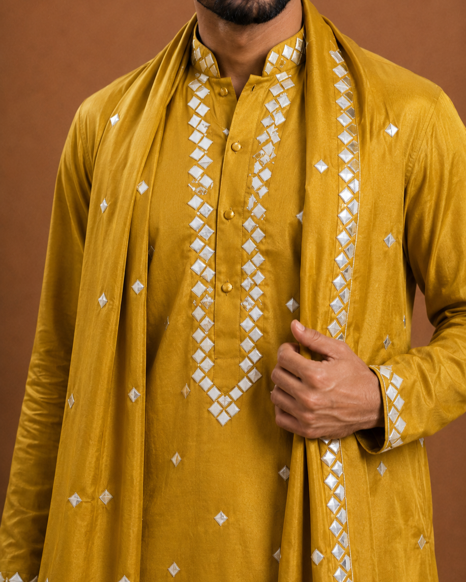 Mustard Yellow Embroidered Kurta with Stole | Men’s Ethnic Wear