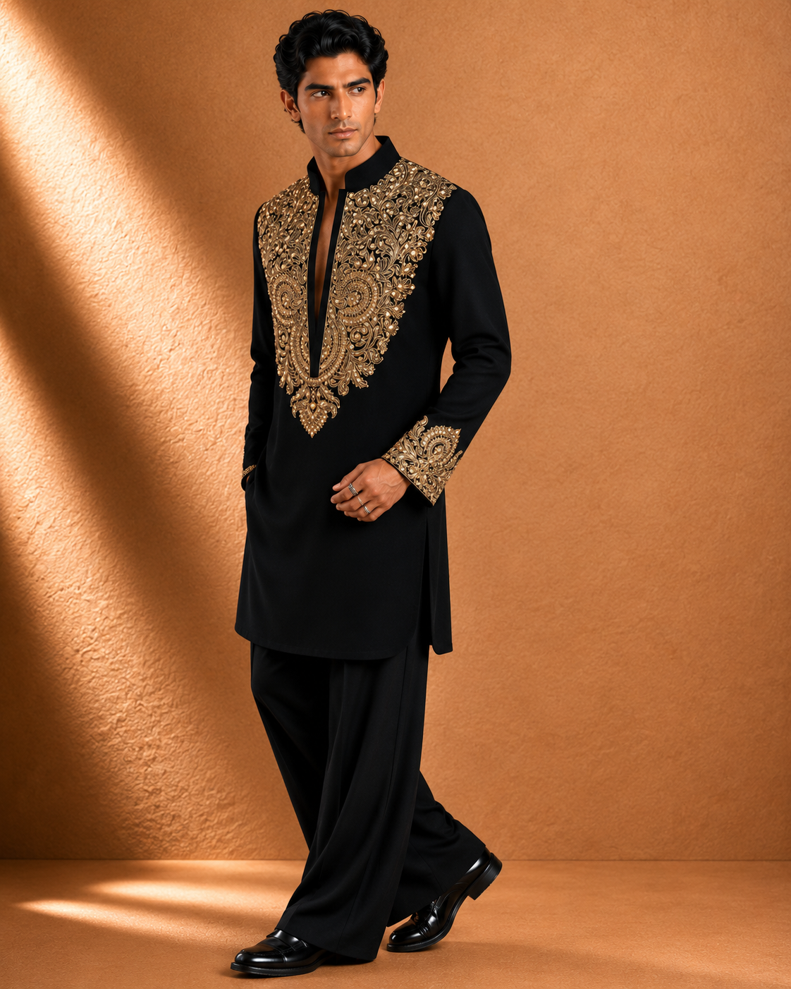 Men's Black Heavy Gold Embroidered Kurta | Premium Ethnic Wear for Festive & Wedding Occasions
