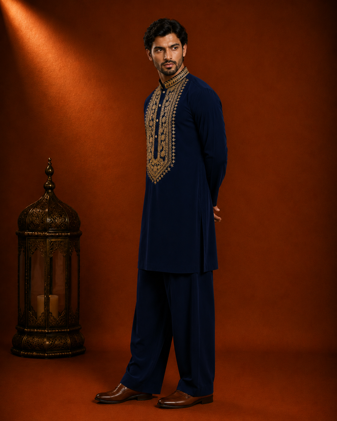 Midnight Navy Blue Gold Bib-Embroidered Kurta for Men | Wedding & Festive Wear