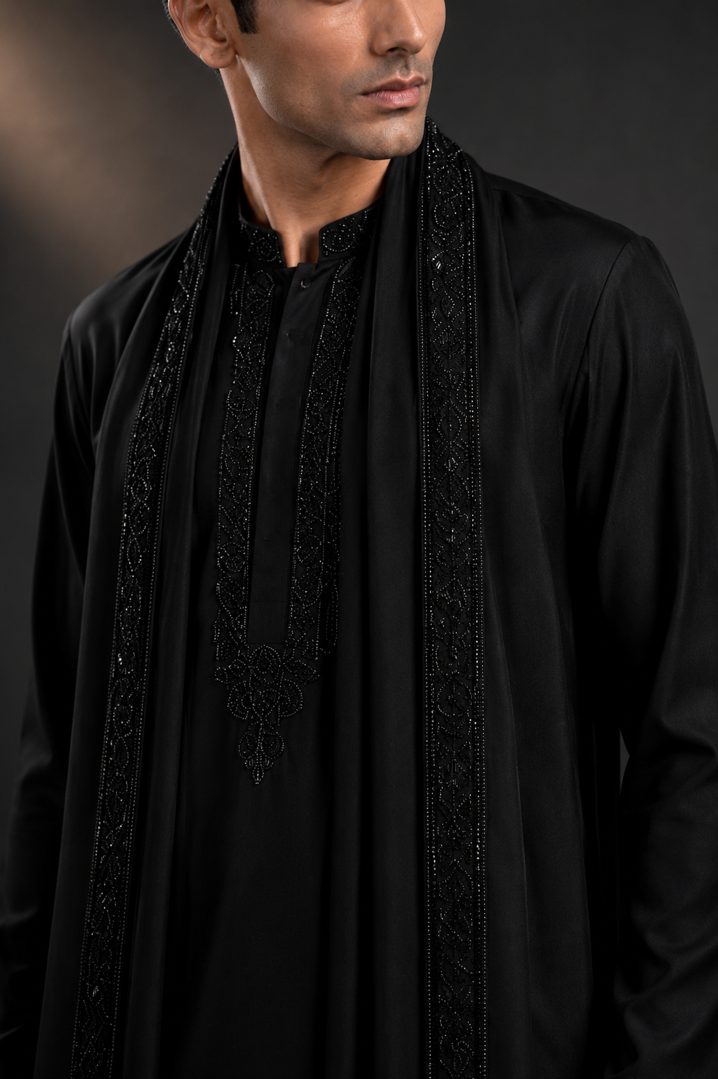 Men's Black Designer Kurta with Embroidered Stole | Premium Ethnic Kurta for Weddings, Festive Wear