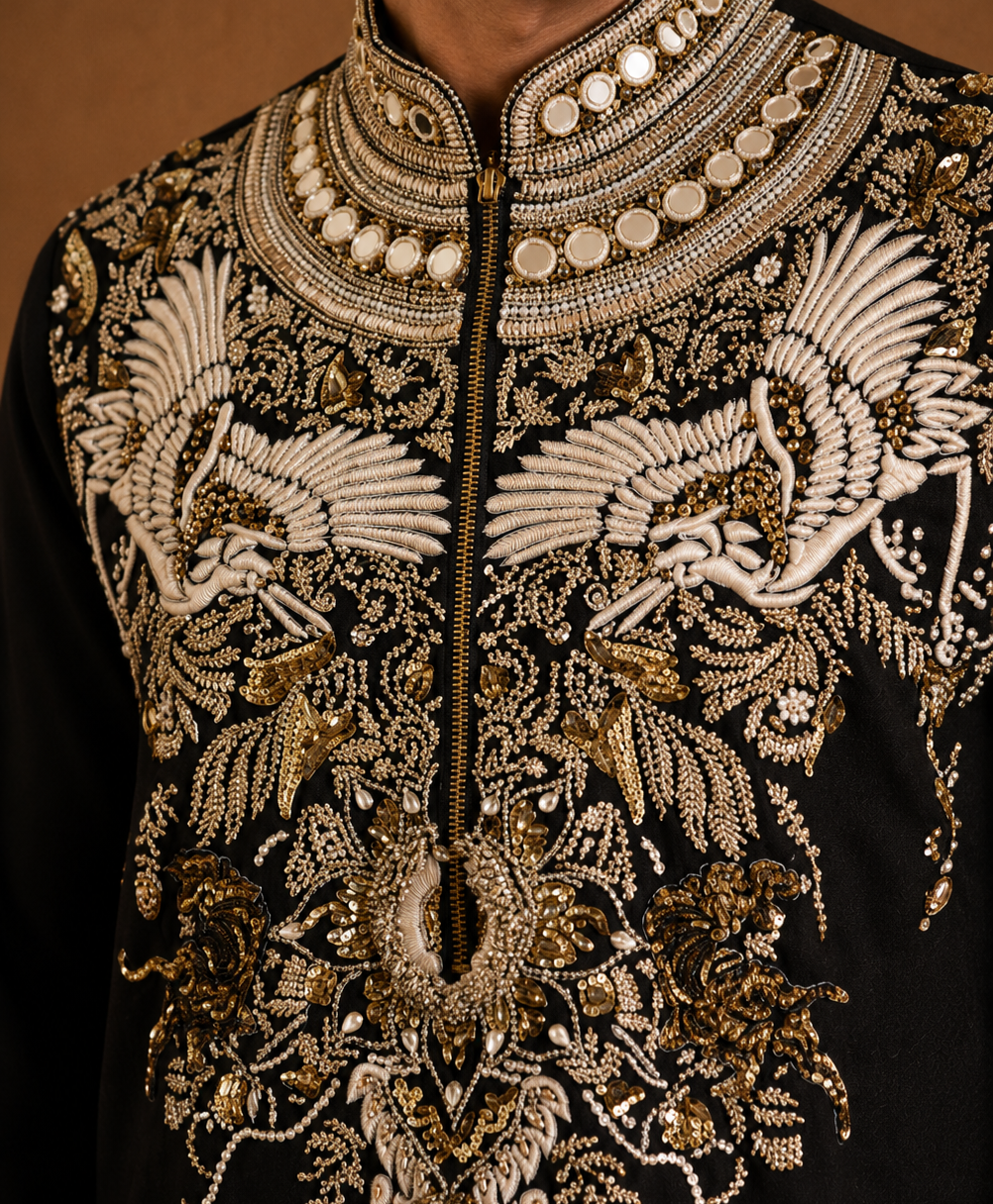 Black Heavy Embroidered Men's Wedding Kurta | Premium Ethnic Kurta for Groom  & Festive Wear