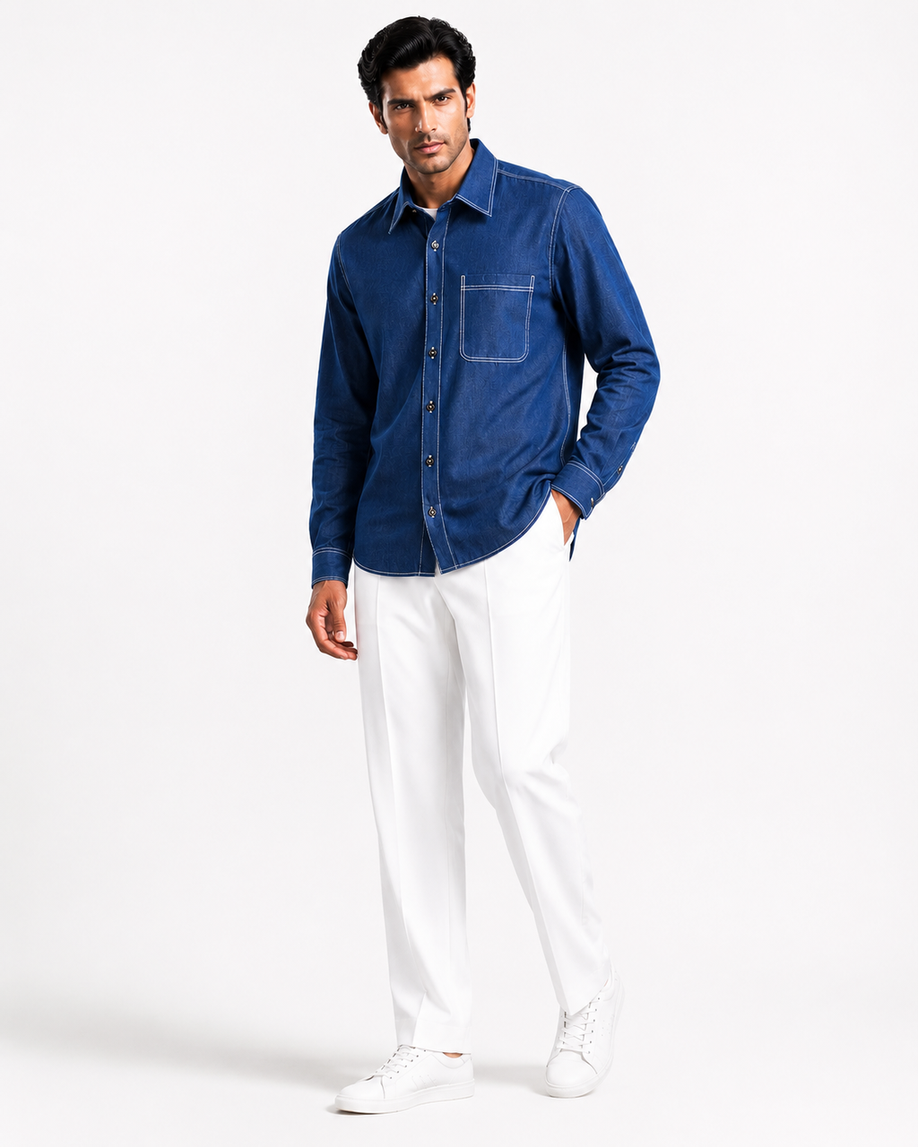 Urban Contrast Stitch Premium Navy Blue Shirt