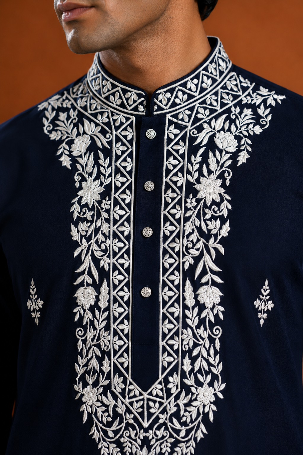 Men's Navy Blue Embroidered Pathani Kurta | Premium Ethnic Wear for Festive & Wedding Occasions