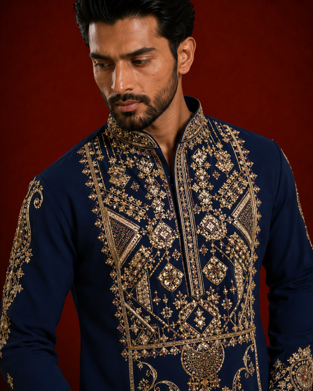 Navy Blue Heavy Gold Embroidered Kurta for Men | Festive & Wedding Party Wear