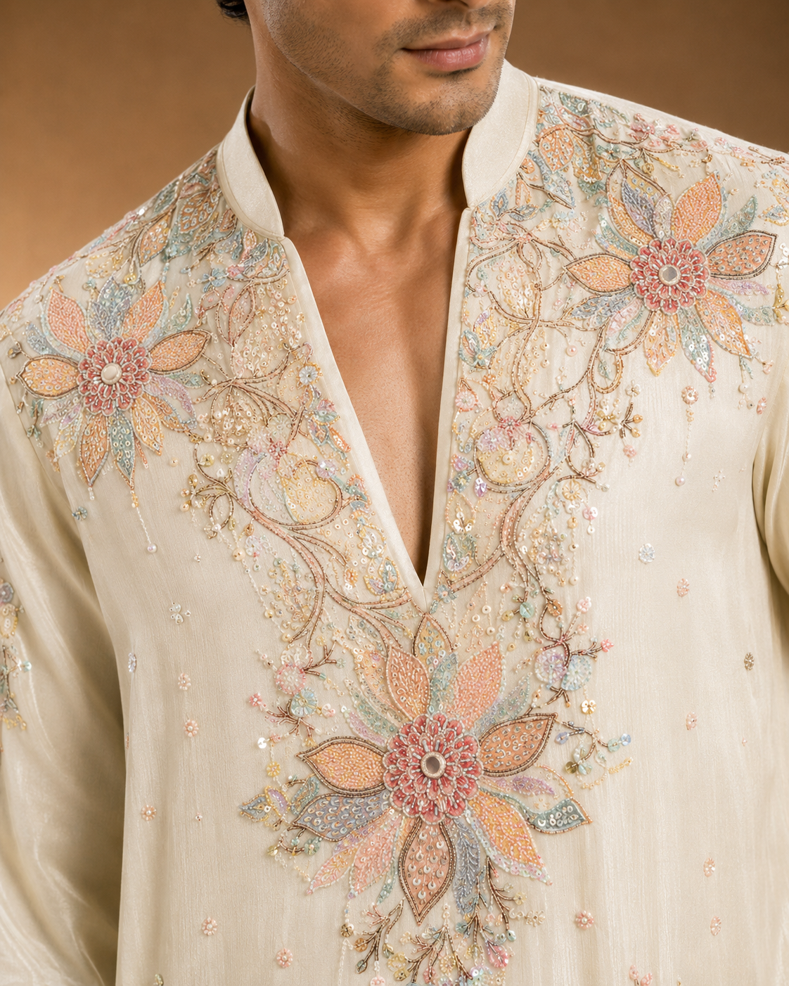 Cream Floral Embroidered Kurta for Men | Designer Wedding & Festive Wear Ethnic Kurta