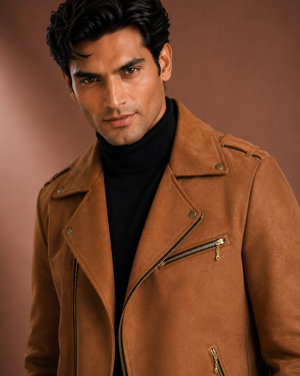 Men's Premium Tan Brown Biker Jacket | Regular Fit Zip-Up Casual Jacket