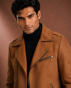 Men's Premium Tan Brown Biker Jacket | Regular Fit Zip-Up Casual Jacket