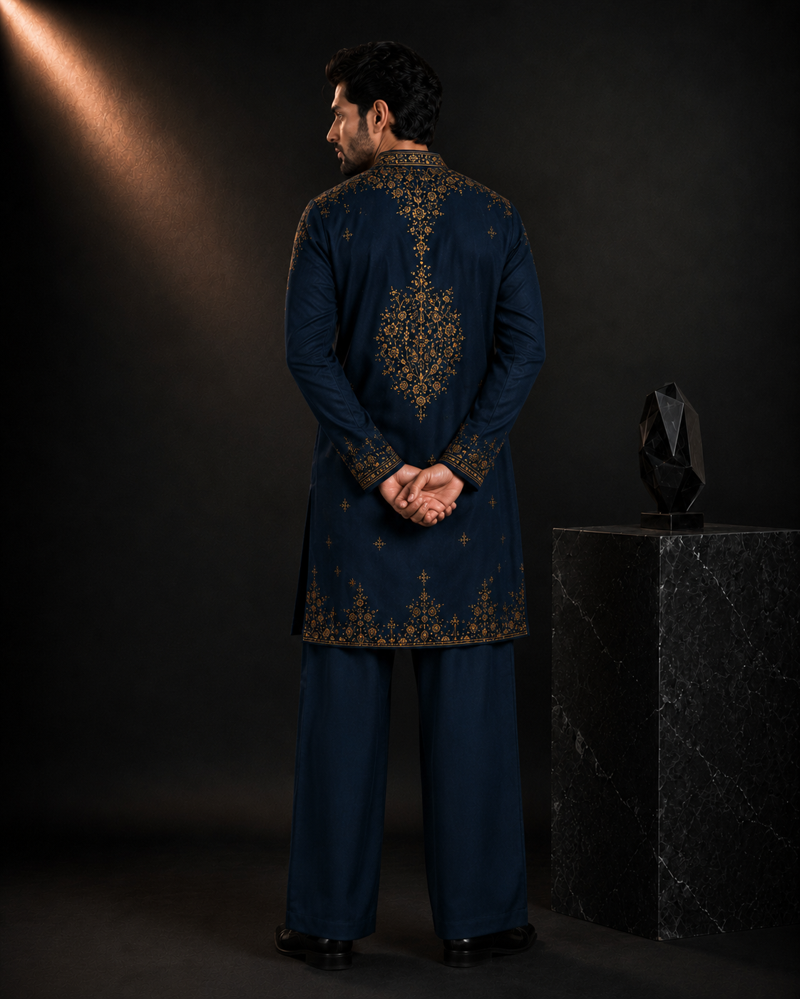 Midnight Navy Blue Gold Embroidered Kurta for Men | Festive & Wedding Party Wear