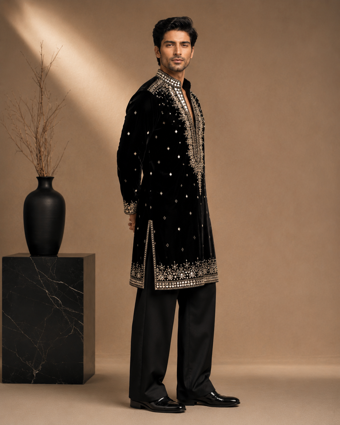 Black Velvet Mirror & Thread Embroidered Kurta for Men | Festive & Wedding Party Wear