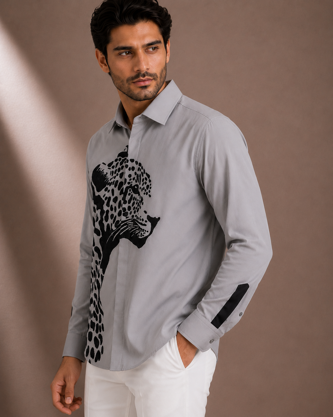 Men's Grey Leopard Print Premium Full Sleeve Shirt | Slim Fit Casual Party Wear Shirt