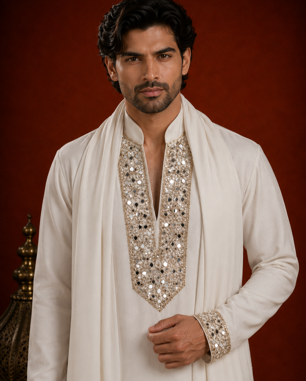 Men’s Ivory Embroidered Kurta with Dupatta | Premium Wedding & Festive Wear