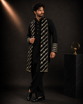 Men’s Black Embroidered Kurta with Designer Stole | Festive & Wedding Wear