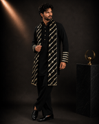 Men’s Black Embroidered Kurta with Designer Stole | Festive & Wedding Wear