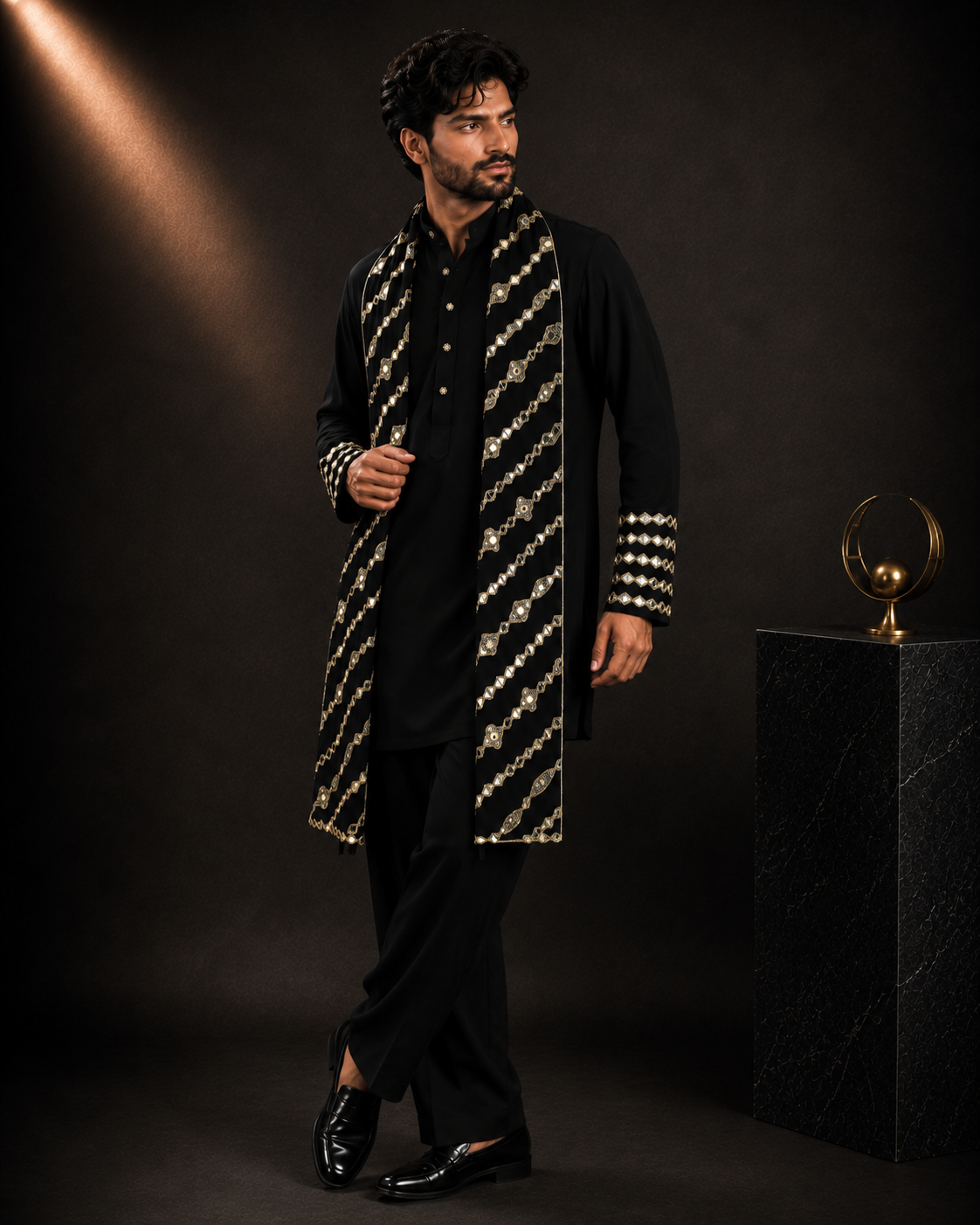 Men’s Black Embroidered Kurta with Designer Stole | Festive & Wedding Wear