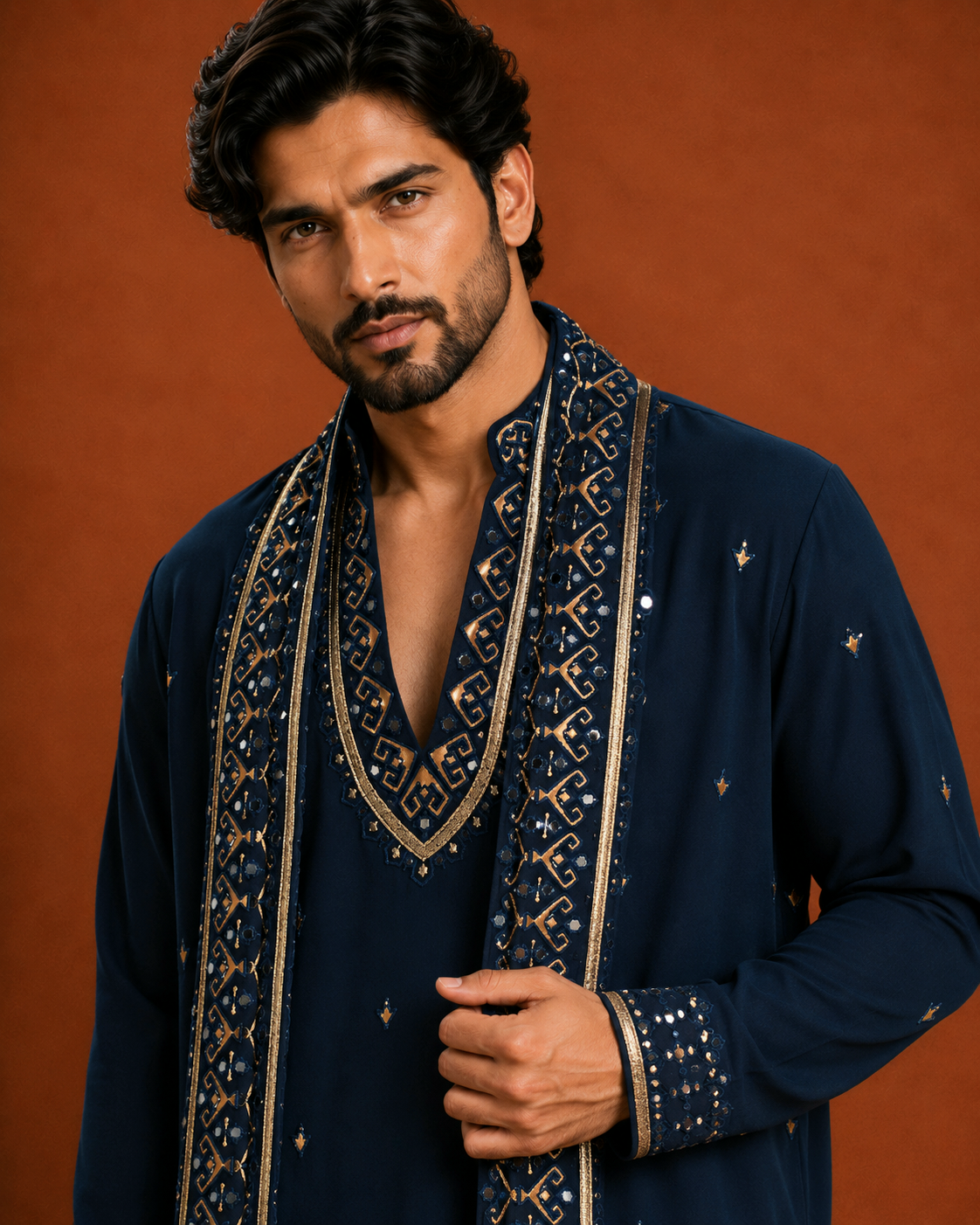 Men’s Navy Blue Embroidered Kurta with Dupatta | Premium Wedding & Festive Wear