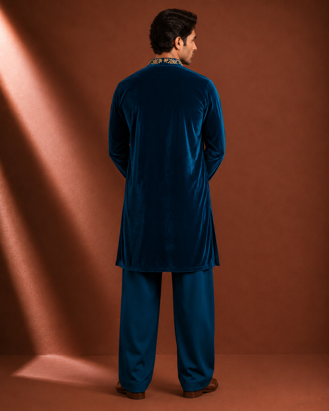 Men's Royal Blue Velvet Embroidered Kurta | Premium Wedding & Festive Ethnic Wear